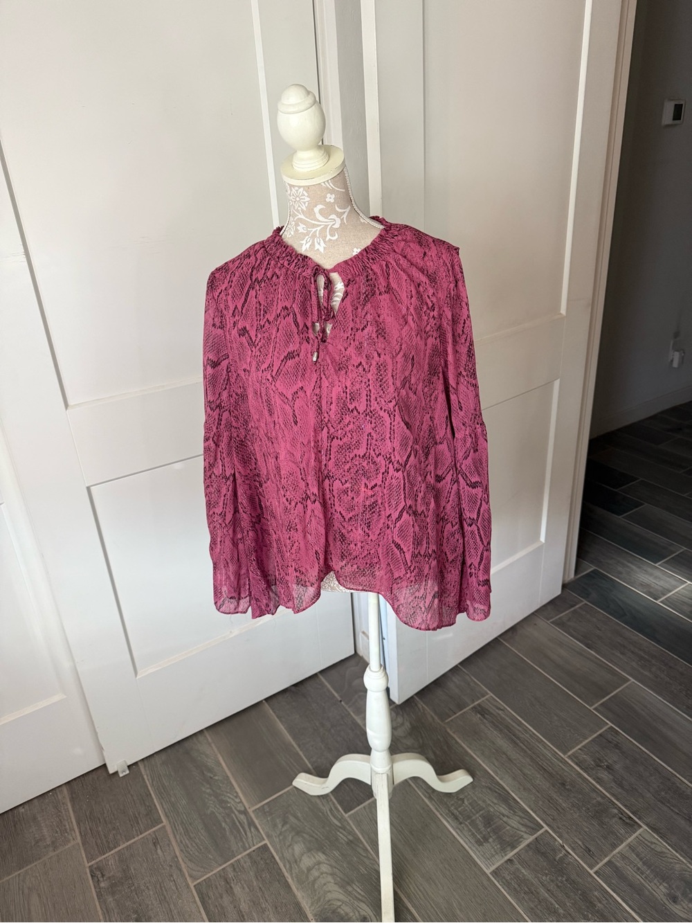 Jennifer Lopez Magenta Snake-Print Tie-Neck Blouse